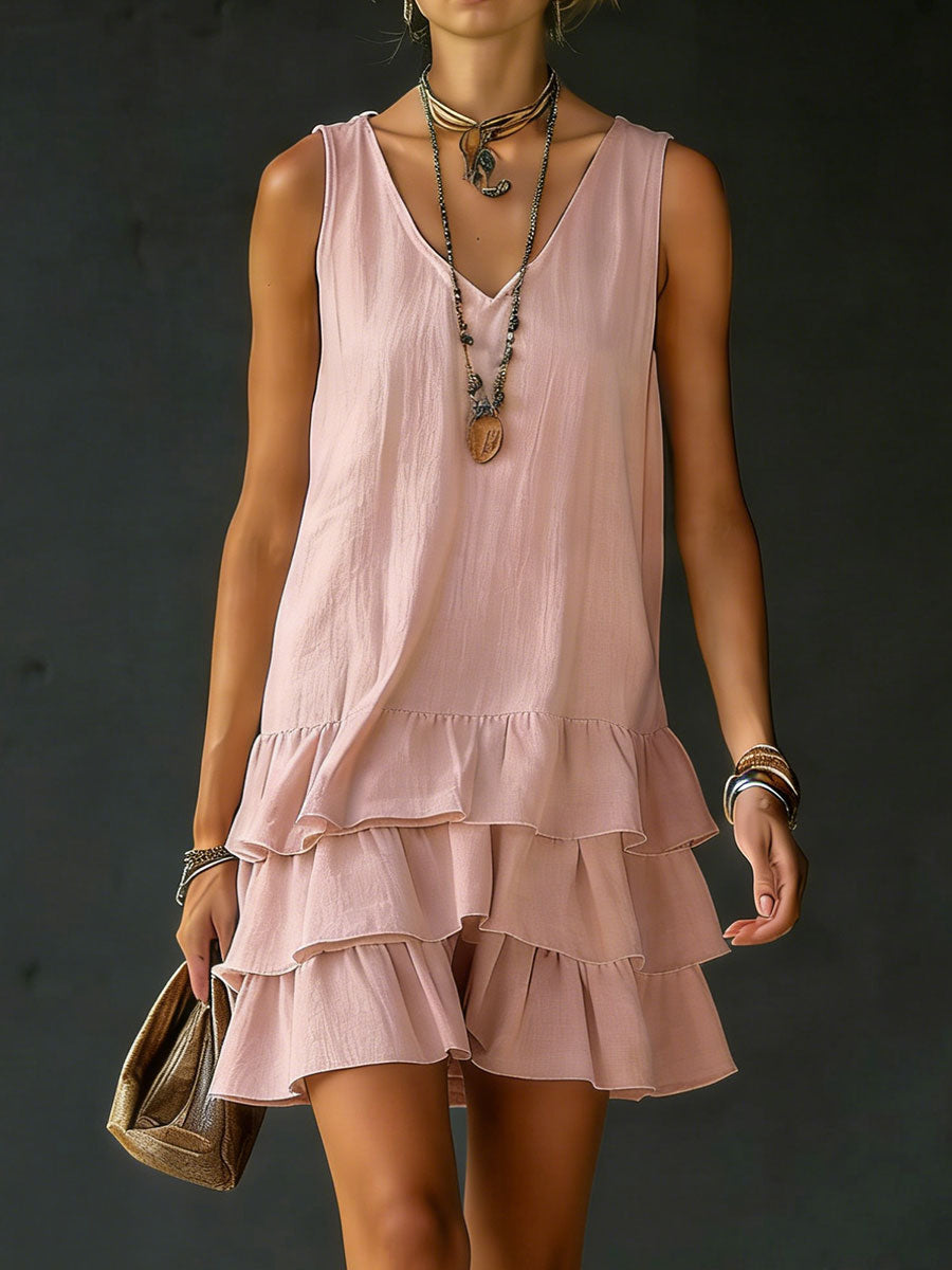 Isabel | Vestido Mini de Lino con Capas Superpuestas y Volantes sin Mangas