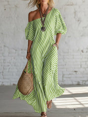 Sofía | Vestido Maxi Off-Shoulder con Estampado de Lunares y Manga Amplia