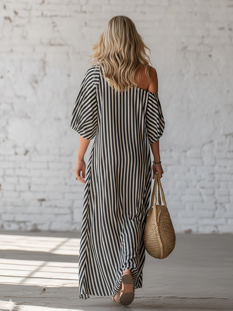 Sofía | Vestido Maxi Off-Shoulder con Estampado de Lunares y Manga Amplia