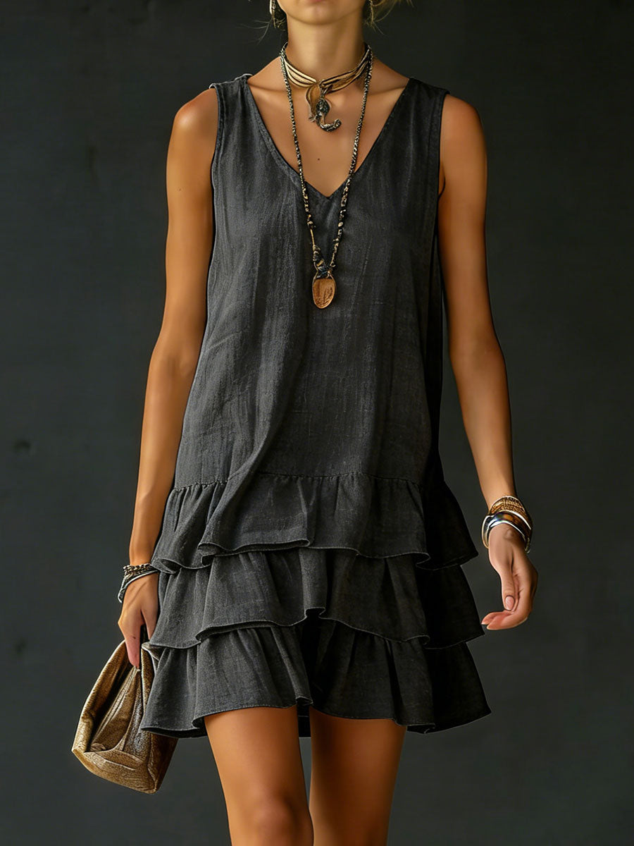 Isabel | Vestido Mini de Lino con Capas Superpuestas y Volantes sin Mangas