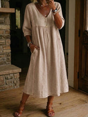 Elena | Vestido Midi de Lino con Escote V y Manga Tres Cuartos en Corte Trapecio