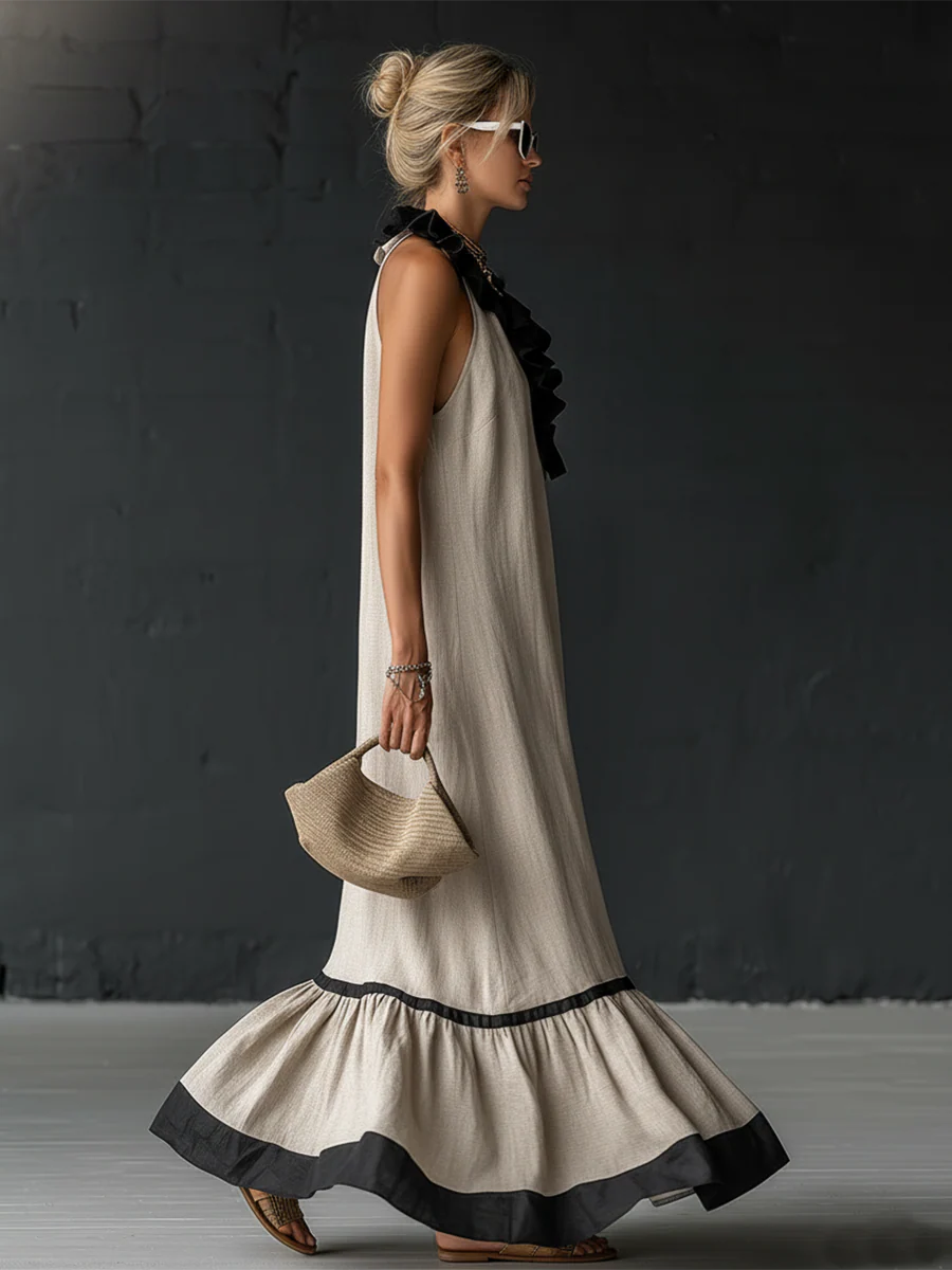 Nerea | Vestido Maxi Slip Dress con Tirantes Finos y Volante de Encaje en el Bajo