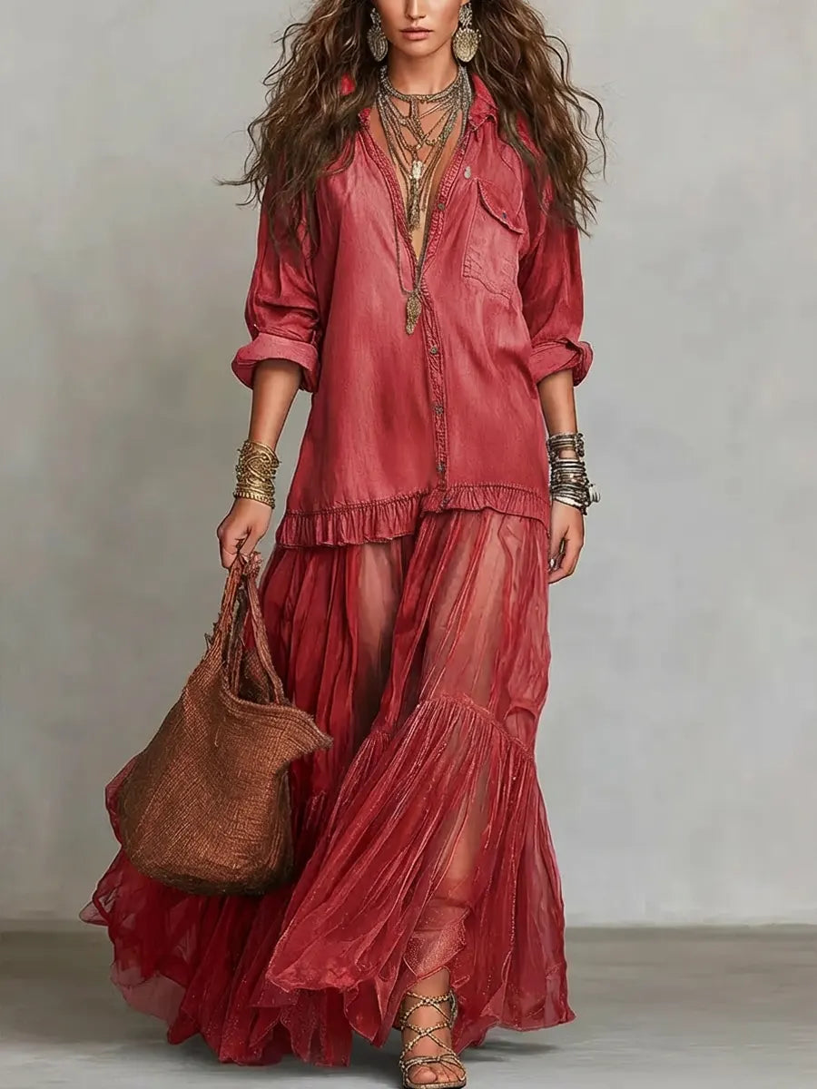 Sofía | Vestido Maxi Boho con Falda por Capas y Escote V con Botones