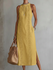 Leonor | Vestido Midi de Lino con Cuello Mao