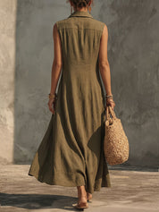 Valeria | Vestido Maxi de Lino Sin Mangas con Cuello Camisero
