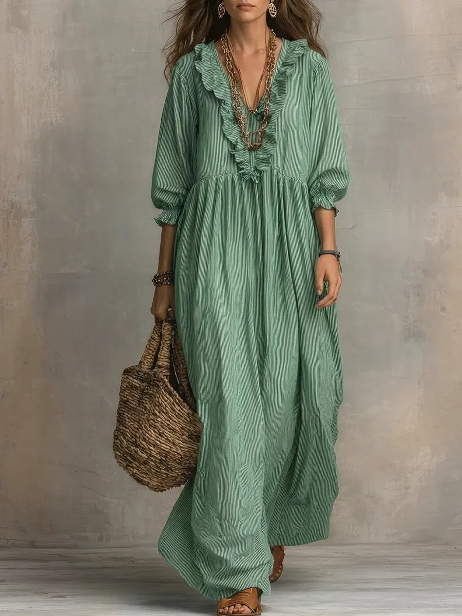 Elena | Vestido Maxi Boho de Lino con Escote V Fruncido y Manga Larga Suelta