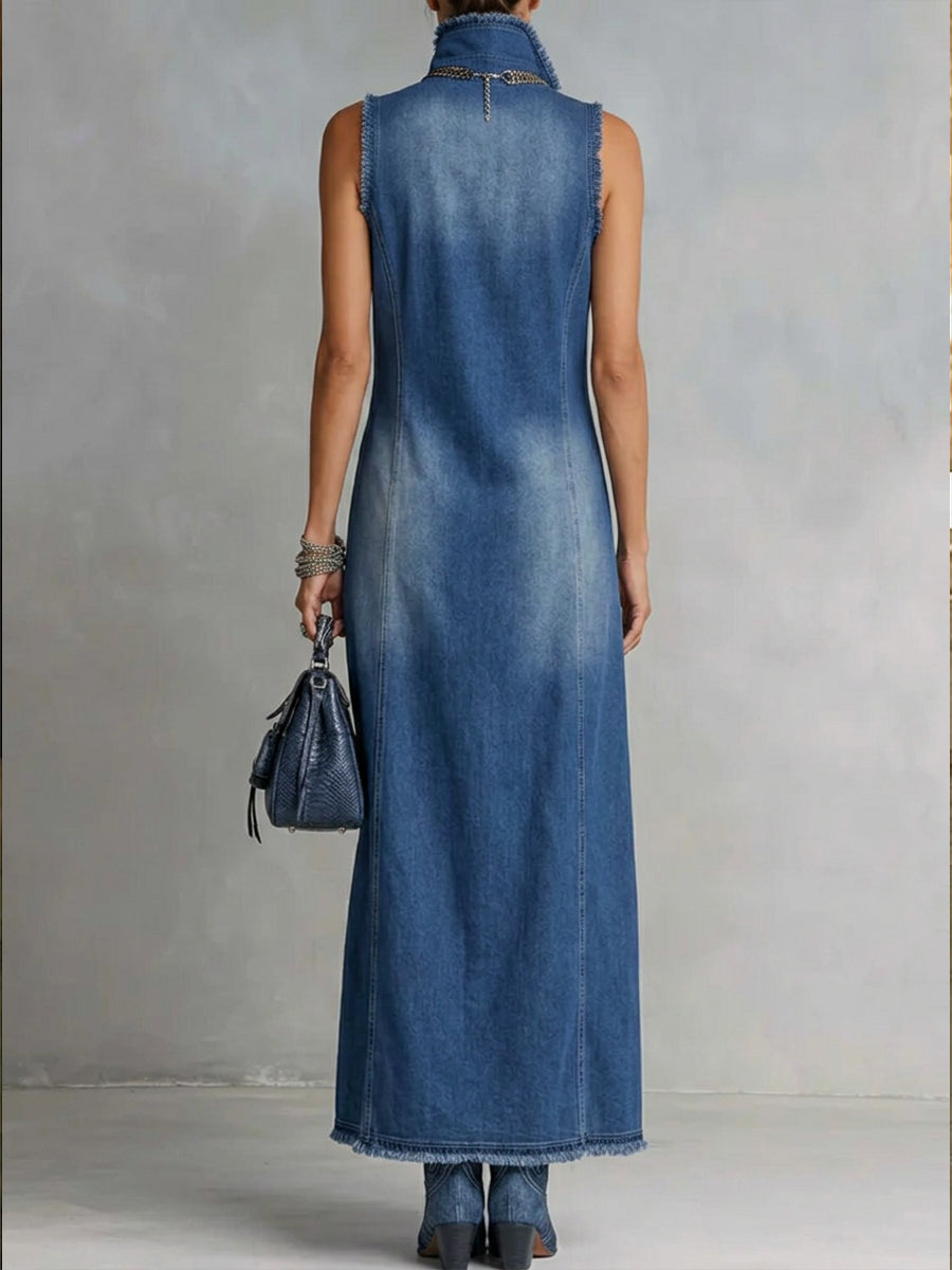 Adriana | Vestido Maxi Vaquero sin Mangas con Cuello Camisero y Abertura Lateral