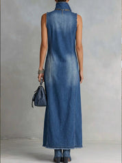 Adriana | Vestido Maxi Vaquero sin Mangas con Cuello Camisero y Abertura Lateral