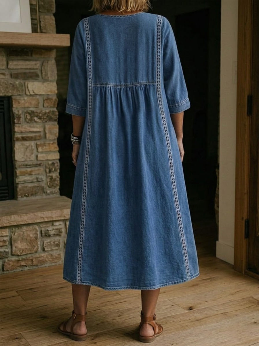 Isabel | Vestido Midi de Lino con Escote V y Corte Trapecio en Azul Denim