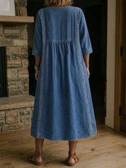 Isabel | Vestido Midi de Lino con Escote V y Corte Trapecio en Azul Denim