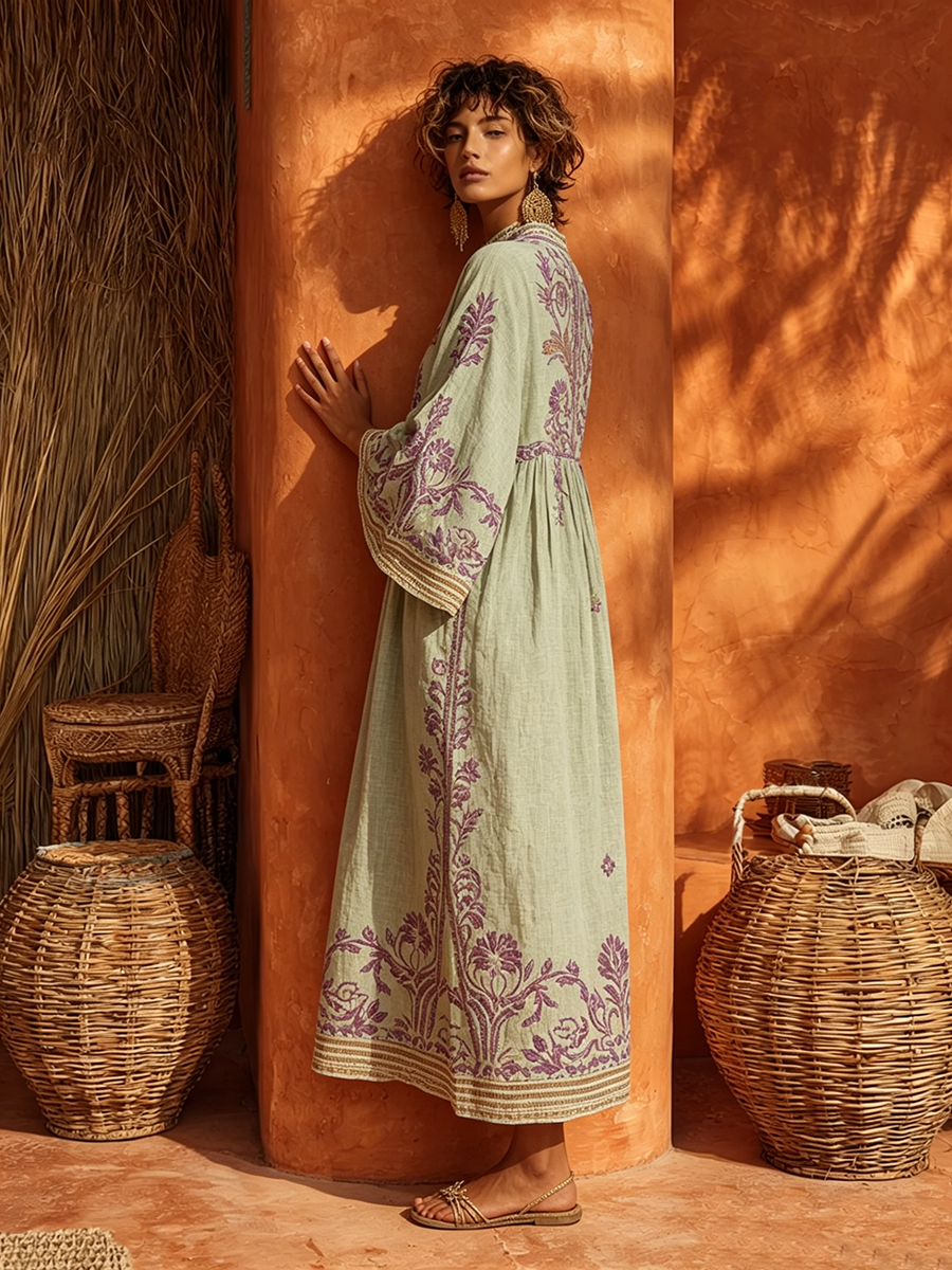Nerea | Vestido Túnica Midi de Lino con Bordados Florales y Manga Larga