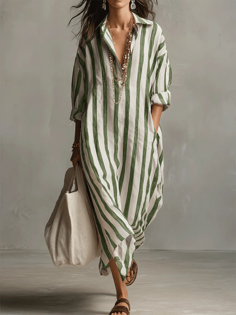 Valeria | Vestido Maxi Camisero de Lino a Rayas con Bajo Asimétrico y Bolsillos