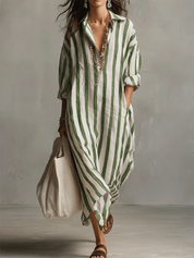Valeria | Vestido Maxi Camisero de Lino a Rayas con Bajo Asimétrico y Bolsillos
