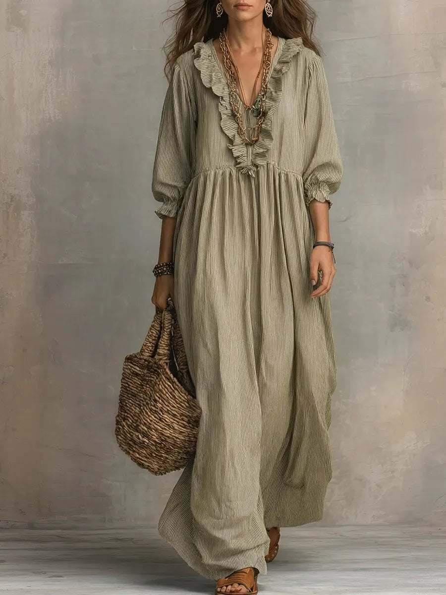 Elena | Vestido Maxi Boho de Lino con Escote V Fruncido y Manga Larga Suelta