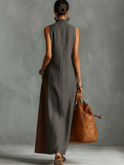Elena | Vestido Maxi de Lino Sin Mangas con Cuello Alto y Abertura Lateral