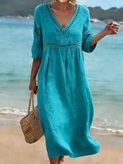 Sofía | Vestido Maxi Boho de Lino con Escote V y Manga Larga Suelta