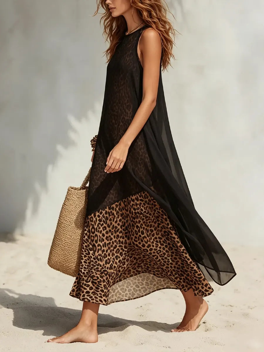 Elena | Vestido Maxi con Sobreposición en Chiffon Negro y Forro Animal Print