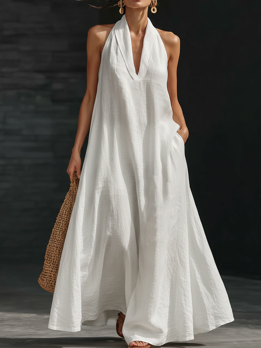 Lucía | Vestido Maxi Halter con Escote en V Profundo y Volumen Amplio
