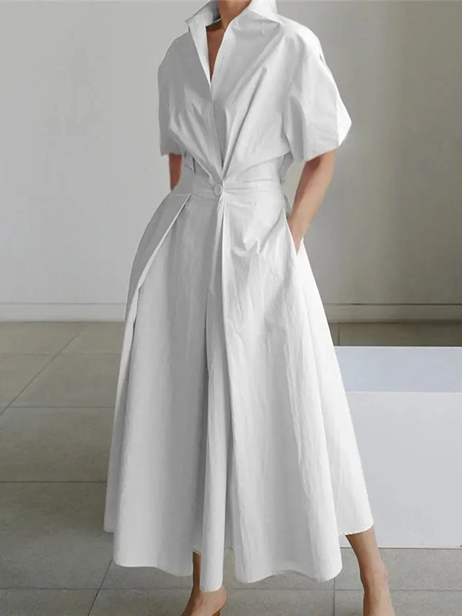 Sofía | Vestido Midi Camisero de Lino con Cinturón y Falda Evasé