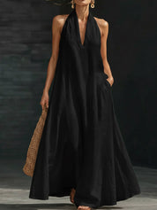 Lucía | Vestido Maxi Halter con Escote en V Profundo y Volumen Amplio