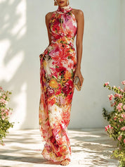 Lucía | Vestido Maxi Floral en Mesh con Cuello Alto Sin Mangas