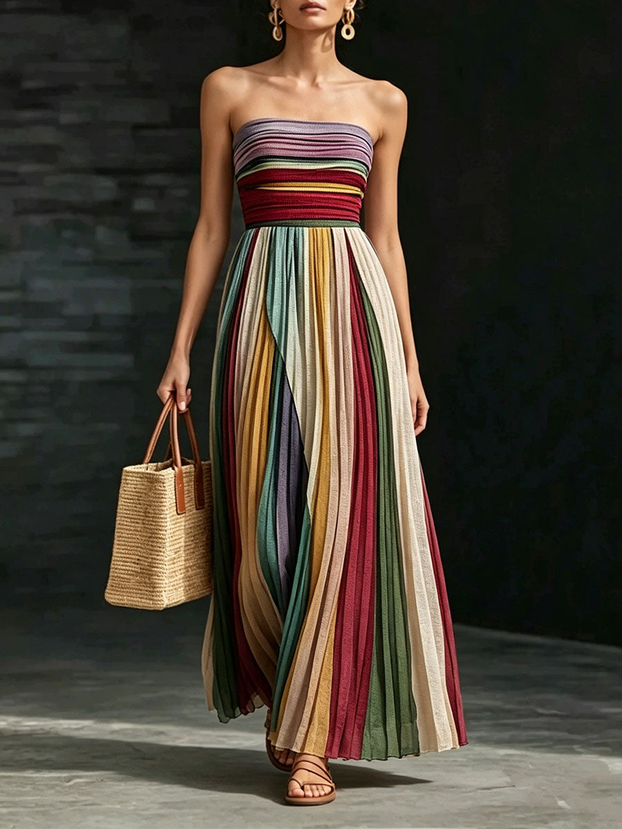Isabel | Vestido Maxi Bandeau con Falda de Rayas Multicolor
