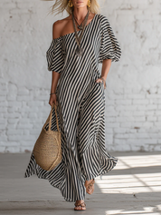 Sofía | Vestido Maxi Off-Shoulder con Estampado de Lunares y Manga Amplia