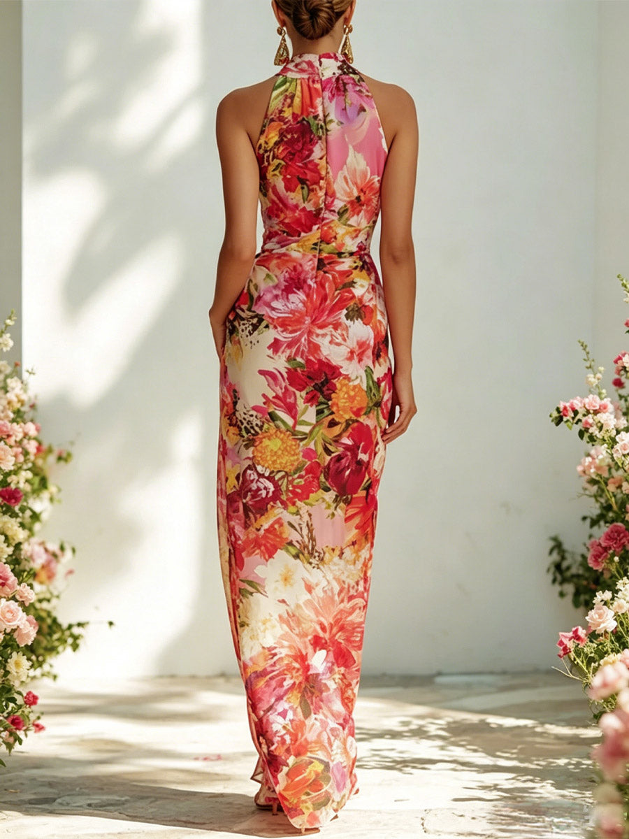 Lucía | Vestido Maxi Floral en Mesh con Cuello Alto Sin Mangas
