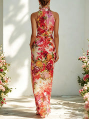 Lucía | Vestido Maxi Floral en Mesh con Cuello Alto Sin Mangas