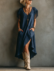 Adriana | Vestido Maxi de Lino con Manga Corta, Bajo Asimétrico y Bolsillos