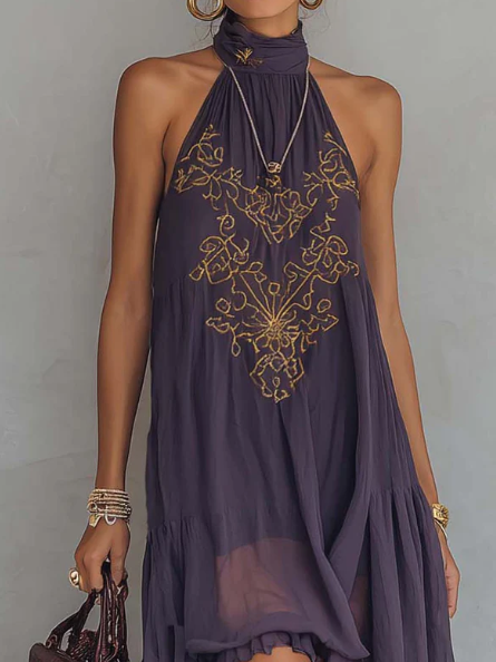 Elena | Vestido Halter con Corpete Bordado y Falda Asimétrica en Chiffon