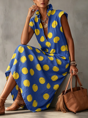 Carmen | Vestido Maxi Sin Mangas con Estampado de Lunares y Cuello Camisero