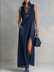 Adriana | Vestido Maxi Vaquero sin Mangas con Cuello Camisero y Abertura Lateral