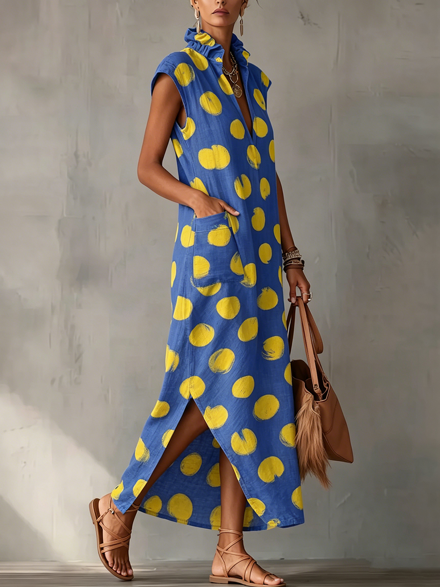 Carmen | Vestido Maxi Sin Mangas con Estampado de Lunares y Cuello Camisero