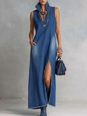 Adriana | Vestido Maxi Vaquero sin Mangas con Cuello Camisero y Abertura Lateral