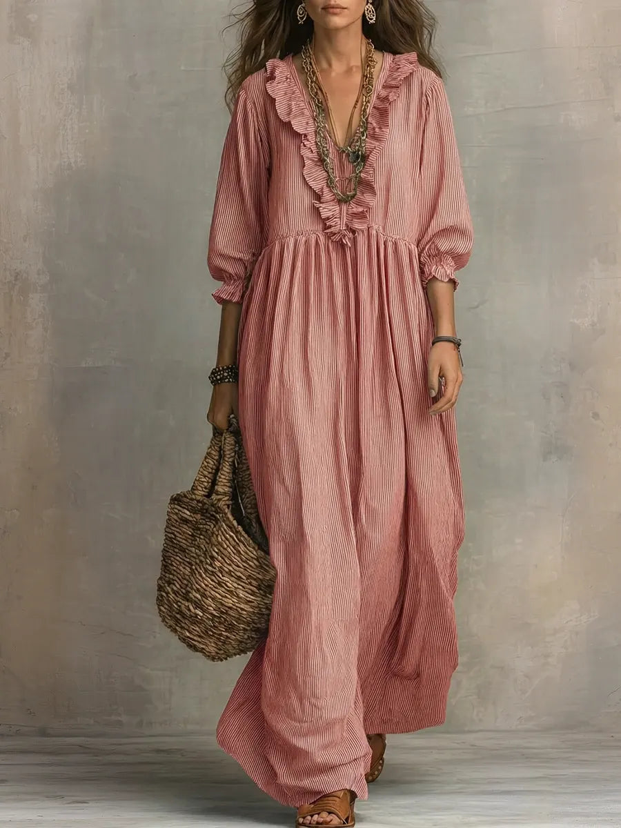Elena | Vestido Maxi Boho de Lino con Escote V Fruncido y Manga Larga Suelta