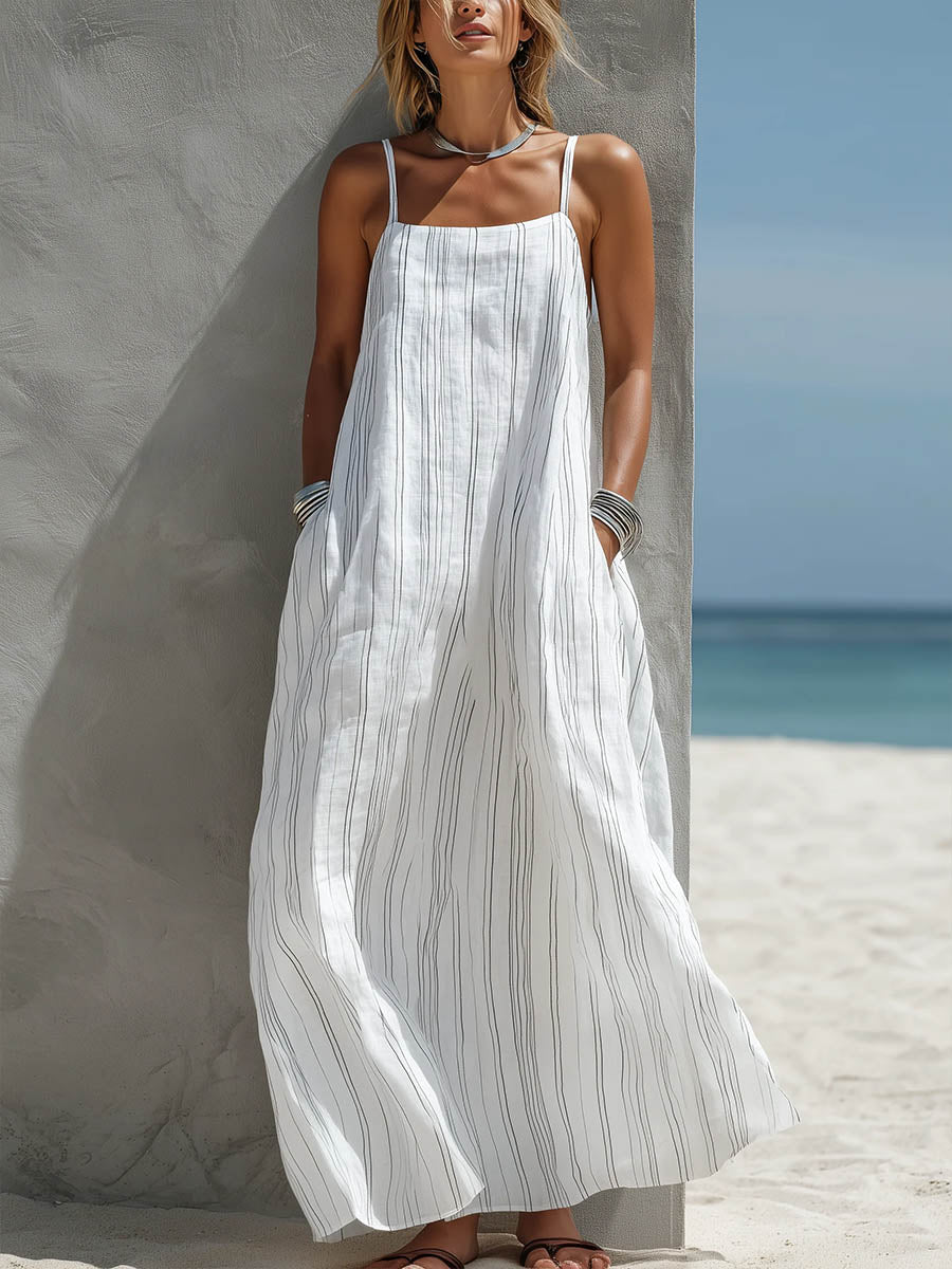 Sofía | Vestido Maxi Peto de Lino con Tirantes Anchos y Falda Amplia