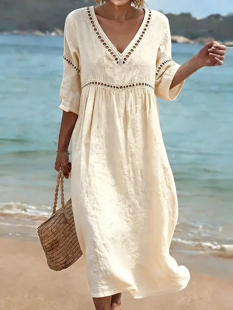 Sofía | Vestido Maxi Boho de Lino con Escote V y Manga Larga Suelta