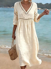 Sofía | Vestido Maxi Boho de Lino con Escote V y Manga Larga Suelta