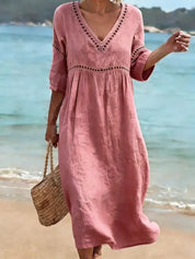 Sofía | Vestido Maxi Boho de Lino con Escote V y Manga Larga Suelta