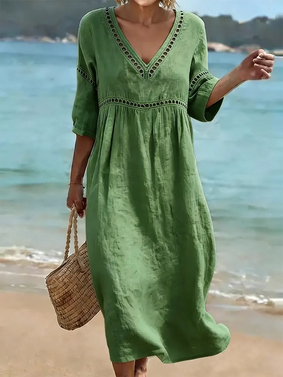 Sofía | Vestido Maxi Boho de Lino con Escote V y Manga Larga Suelta