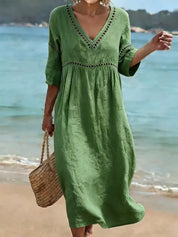Sofía | Vestido Maxi Boho de Lino con Escote V y Manga Larga Suelta