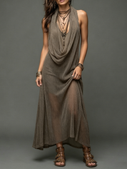 Valeria | Vestido Maxi Drapeado con Escote Halter y Cordones Cruzados