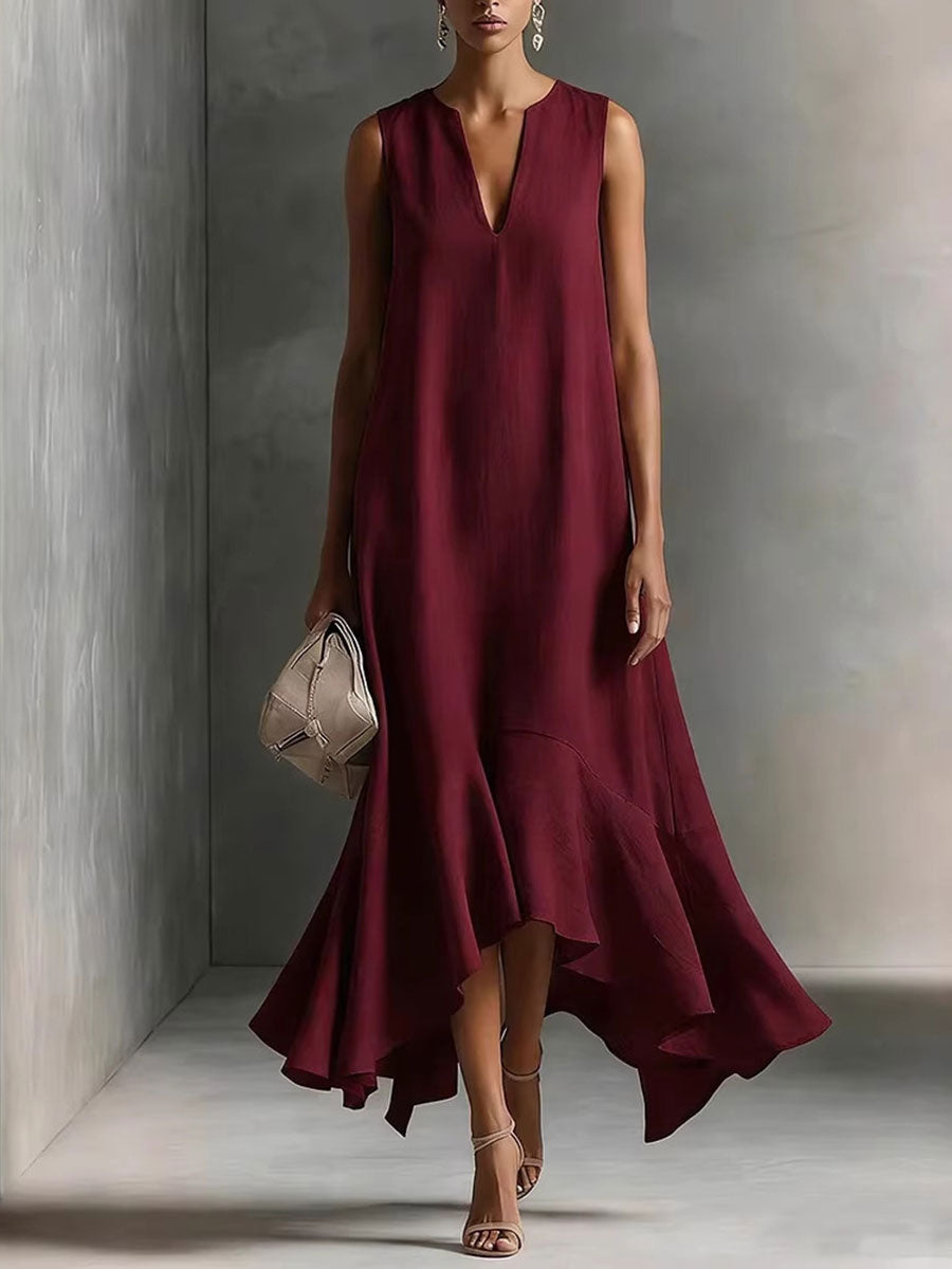 Adriana | Vestido Maxi de Tejido Satinado con Escote en V y Bajo Irregular