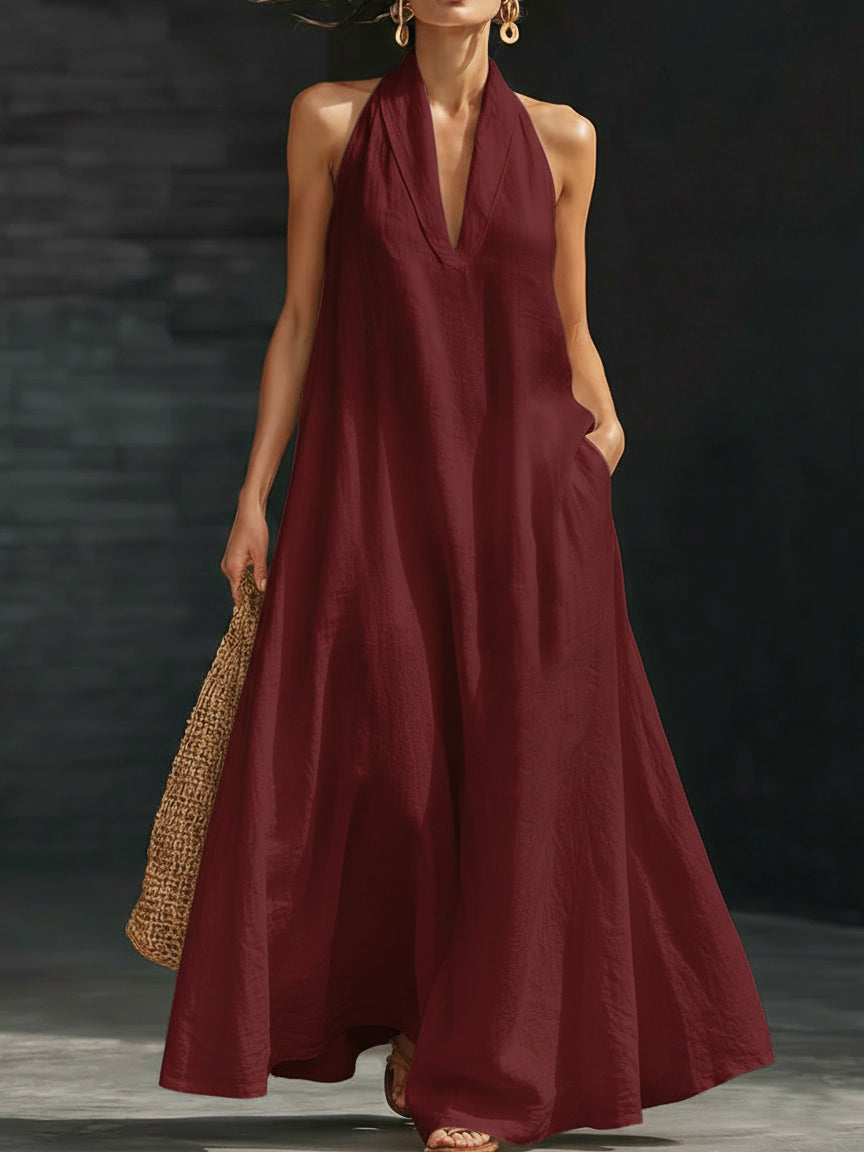 Lucía | Vestido Maxi Halter con Escote en V Profundo y Volumen Amplio