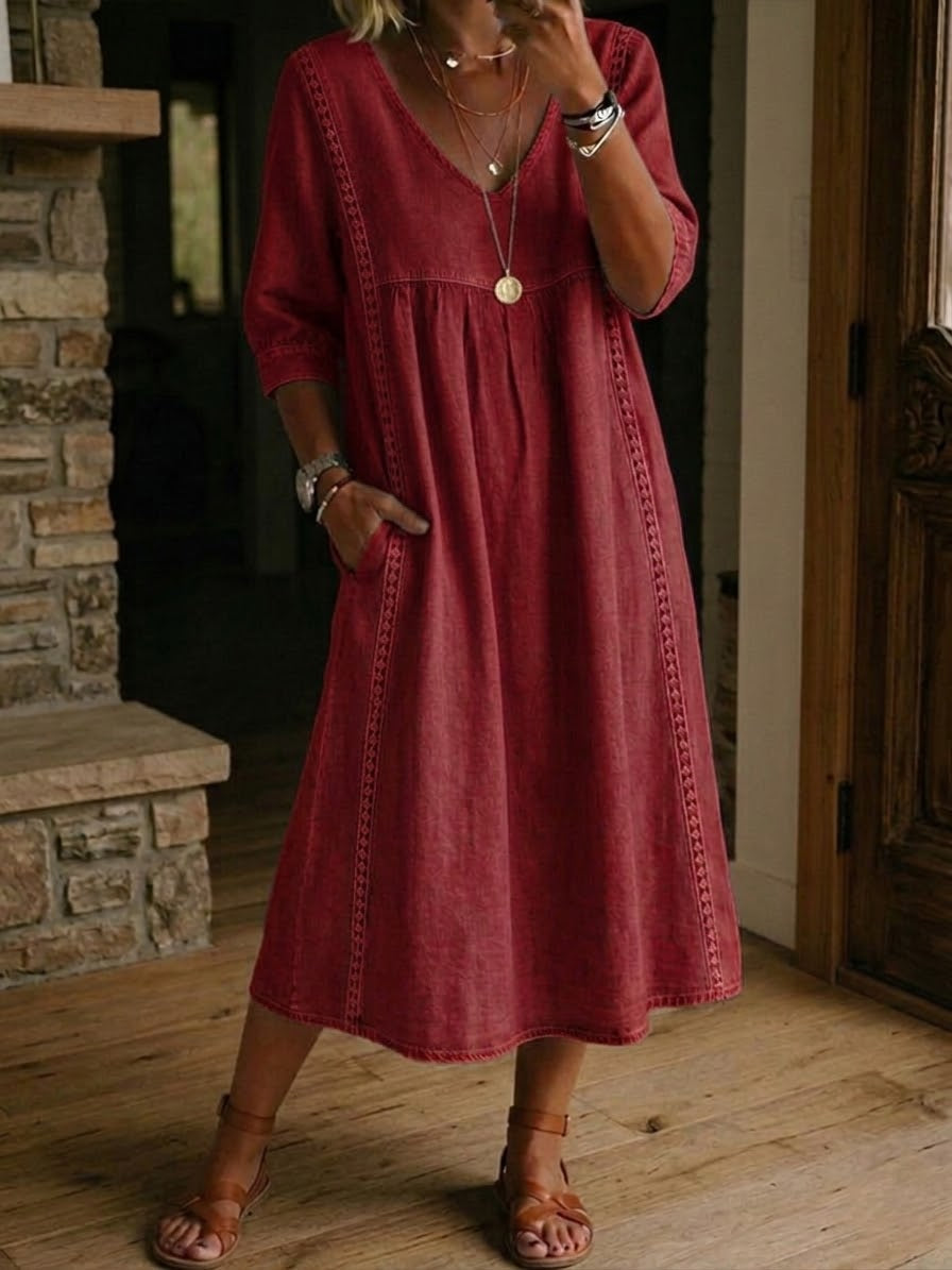 Elena | Vestido Midi de Lino con Escote V y Manga Tres Cuartos en Corte Trapecio