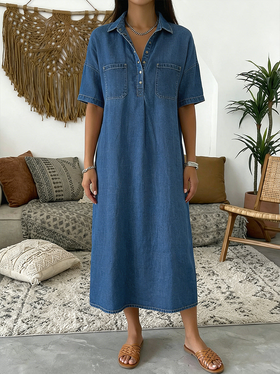 Lucía | Vestido Maxi Camisero de Chambray con Manga Corta y Botonadura Media