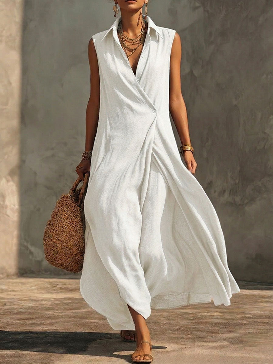 Valeria | Vestido Maxi de Lino Sin Mangas con Cuello Camisero
