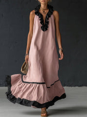 Nerea | Vestido Maxi Slip Dress con Tirantes Finos y Volante de Encaje en el Bajo