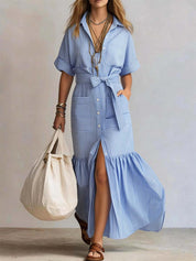 Nerea | Vestido Midi Camisero con Cinturón y Volante en el Bajo